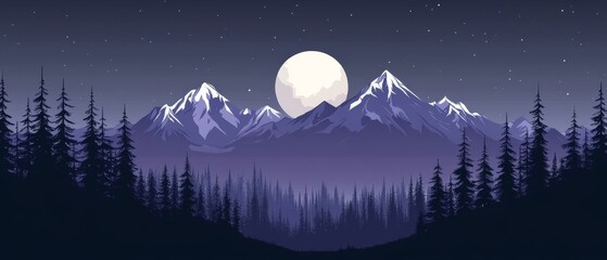 Wall Mural - A serene night in the mountains under a full moon with twinkling stars illuminating the landscape