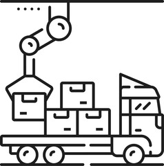 Poster - Manufacture package loading, automatic and manual production line icon. Plant assembly line automatic equipment, industry manual production thin line vector symbol with robot loading boxes on truck