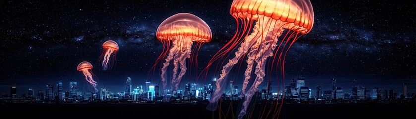 Sticker - Jellyfish Over a City at Night.