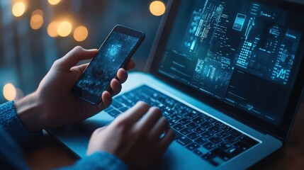 Poster - Ensuring data protection, a user employs a mobile phone and laptop with cutting-edge encryption and privacy security technology.