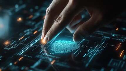 Poster - Ensuring network security, a businessman scans his fingerprint to access sensitive data.