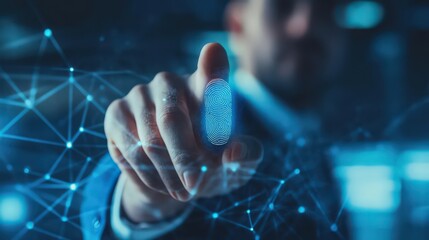 Poster - Ensuring network security, a businessman scans his fingerprint to access sensitive data.