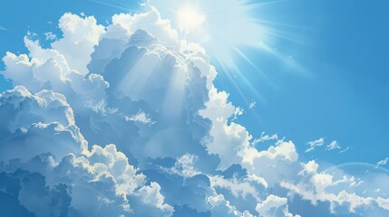 Wall Mural - Illustrate a gradual transition from an overcast day to a bright, sunny afternoon, with clouds parting and sunlight breaking through the sky