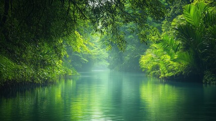 Poster - Tranquil River Through Lush Green Foliage