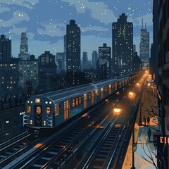 Poster - Illustrate a passenger train in an urban night scene, illuminated by city lights