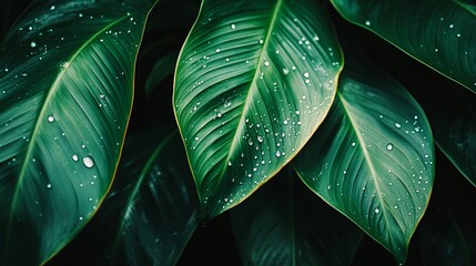 Wall Mural - close-up of green leaves with water droplets.