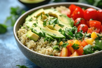 Wall Mural - Quinoa bowl with avocado, tomatoes, and cilantro. Perfect for showcasing healthy, vegetarian meals.