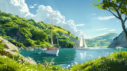 Sticker - Illustrate a sailboat anchored in a picturesque bay, with lush green hills surrounding the harbor and a few other boats drifting in the distance