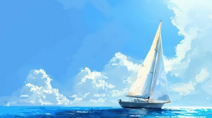 Sticker - Illustrate a sailboat cruising under a clear blue sky, with its sails catching the wind and the open sea stretching out to the horizon