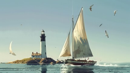 Sticker - Illustrate a sailboat passing by a historic lighthouse, with its sails fully extended and the lighthouse standing tall against a clear sky