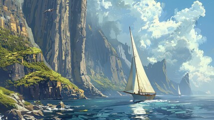 Poster - Illustrate a sailboat sailing alongside a dramatic coastline, with towering cliffs and rugged terrain visible as the boat makes its way along the shore