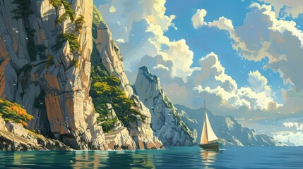 Poster - Illustrate a sailboat sailing alongside a dramatic coastline, with towering cliffs and rugged terrain visible as the boat makes its way along the shore