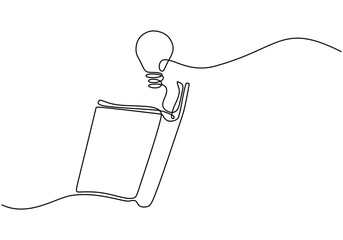 Wall Mural - Lightbulb and open book in one continuous line drawing. Representing ideas and learning.