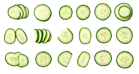 Canvas Print - Set or collection of various fresh cucumber slices on white background