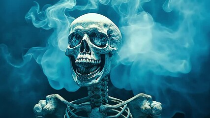 A human skeleton with a skull submerged in a turquoise blue smoke, against a dark background.