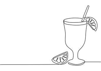 Wall Mural - Drink and lemon slices in continuous line drawing. Simple design for citrus and refreshment themes.