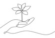 © berkahlineart - Continuous line drawing of a plant resting on a hand. Simple design for sustainability and environmental care themes.