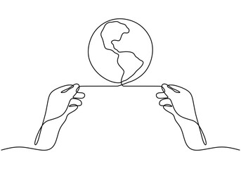 Hand holding a globe in a continuous line drawing. Simplified design for global care and environmental awareness.