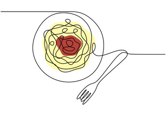 Wall Mural - Continuous line drawing of a fork and plate of noodles. Minimalist art for dining and culinary themes.