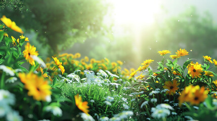 Yellow flower bloom beautifully amidst white, creating a picturesque scene with abundant greenery and a radiant sun