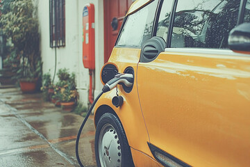 A yellow car is being charged at a charging station