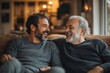 © Rahul - adult son and senior father talking and laughing at home, Generative AI