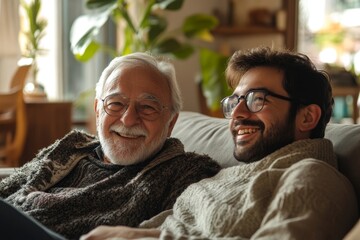 Happy elderly father relax on couch at home with adult son enjoy family weekend together, smiling mature dad rest on sofa in living room talk laugh with grown-up man child, bonding, Generative AI