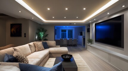 Poster - A clean, decorative recessed ceiling with LED strip lighting, illuminating the room with a soft, hidden light, adding a modern touch to the space.