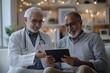 © The Picture House - Happy geriatric young doctor and senior Indian patient man discussing modern technology, healthcare, using digital tablet together, looking at display, Generative AI