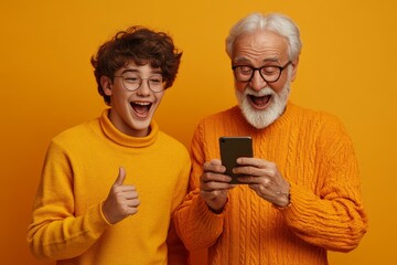 Excited two generations of men celebrating success, using smartphone, senior dad with son looking at device screen, reading good unexpected news in message, showing yes gesture, online, Generative AI