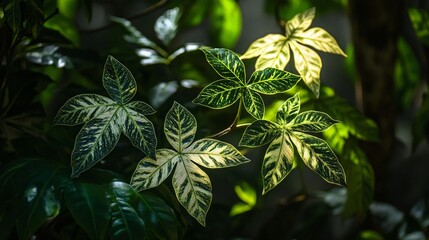 Sticker - Close-up of vibrant green and white patterned leaves with sun light, against a dark green background.