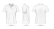 © ApoevArt - Casual white polo shirts front back and side view mockup design realistic vector illustration set. Classic t-shirt with copyspace 3d models on white background