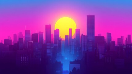 Wall Mural - A vibrant sunset casts colorful hues over a bustling city skyline, showcasing high-rise buildings and a peaceful atmosphere