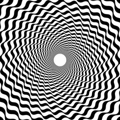 Poster - Psychedelic hypnotic pattern background of spiral swirl and vortex, vector illusion effect. Hypnotic tunnel with spiral circles and twirls or black white wave pattern for psychedelic optical illusion
