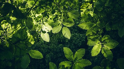 Wall Mural - close-up of vibrant green leaves in a forest canopy, bathed in dappled sunlight, creating a textured