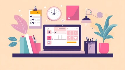 Poster - Laptop on a desk with office supplies, a plant, a clock, and a lamp in a minimalist style.