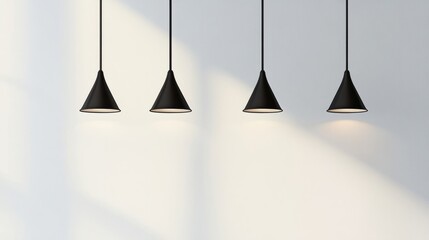 Three elegant black pendant lights hanging from the ceiling against a white wall backdrop, showcasing modern lighting design. 3D rendering.