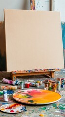 Poster - A blank canvas on an easel surrounded by paint supplies for artistic creation.