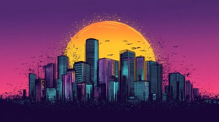 Poster - colorful sunset over a vibrant city skyline with tall buildings and birds flying in the sky