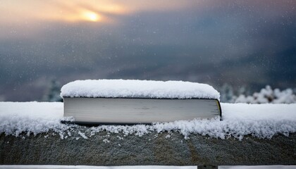 A Bible covered with a thin layer of snow, resting on a stone bench under a winter sky filled with softly falling snowflakes.