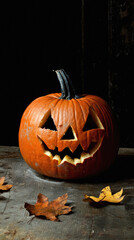 Wall Mural - A pumpkin with a scary face carved into it sits on a table. The pumpkin is surrounded by fallen leaves, adding to the spooky atmosphere