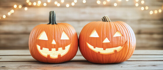 Wall Mural - Two orange pumpkins with smiling faces are standing next to each other on a wooden table. The scene conveys a warm and festive mood, likely associated with the holiday season