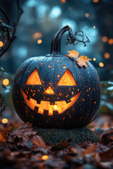 Wall Mural - A pumpkin with a smiley face carved into it sits on a pile of leaves. The pumpkin is lit up, giving it a warm and inviting glow. Concept of Halloween and the festive spirit of the season