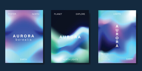 Wall Mural - Modern gradient poster aurora design vector set. Minimalist cover template with vibrant northern light collection. Ideal design for background, social media, cover, banner, flyer, ads.