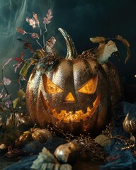 Poster - Halloween themed creative photography with glittering pumpkin and decorative elements