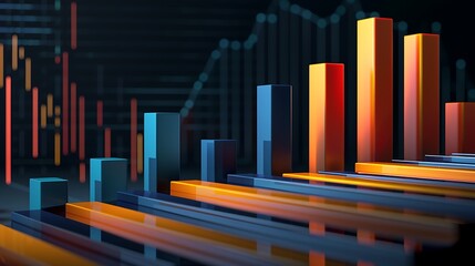 Poster - 3D visualization of a bar chart with representing business data for highlighting growth performance analysis financial strategy development success concept.