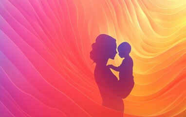 Mother's Day greeting card with a vivid gradient background and 3D digital illustration of a mother and child silhouette in a simple abstract style