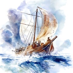 Wall Mural - Watercolor Painting of a Sailing Ship on the Open Sea.