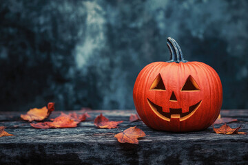 Wall Mural - A pumpkin with a scary face is sitting on a table with leaves. The pumpkin is smiling and has a happy expression