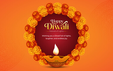 Wall Mural - Happy Diwali Festival Background Design  with Decorative Diwali Lamp and Flower Ornaments